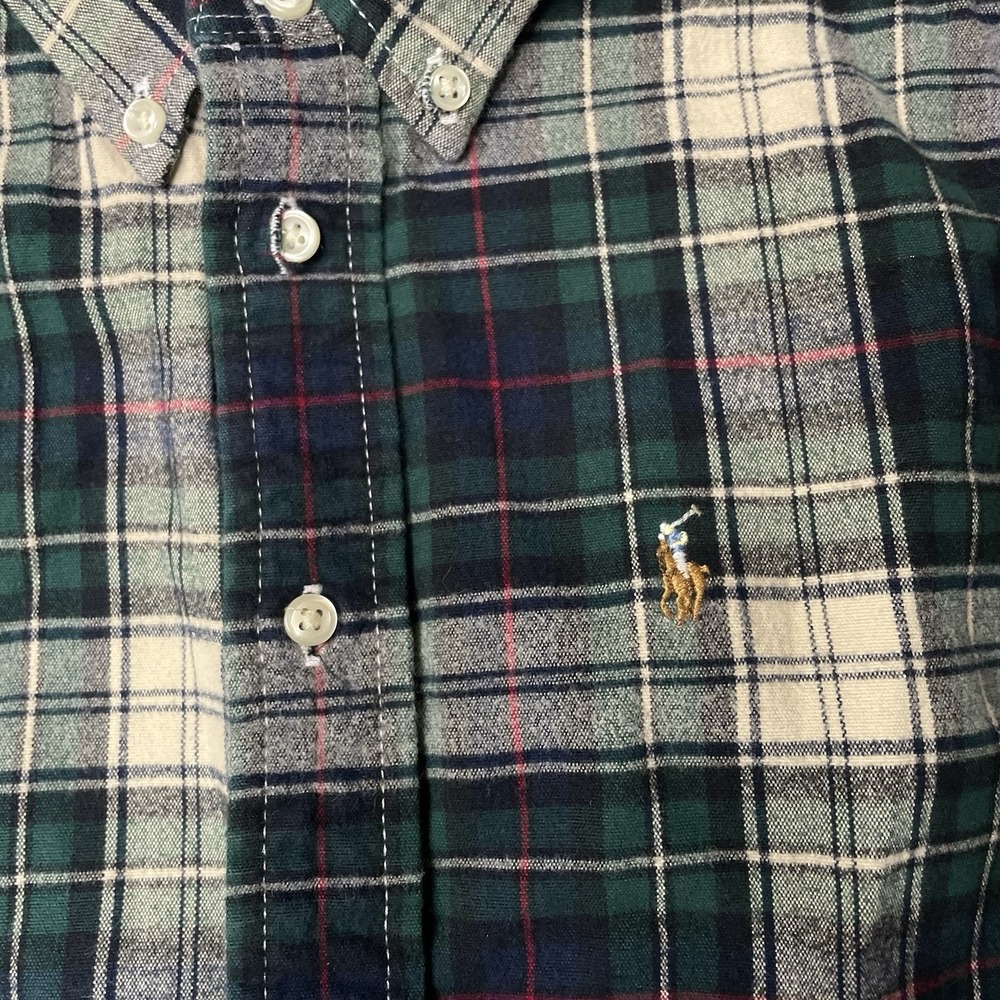 POLO Ralph Lauren Boys' Flannel Button Down Shirt Size 7 Green White Blue Plaid - Picture 2 of 6